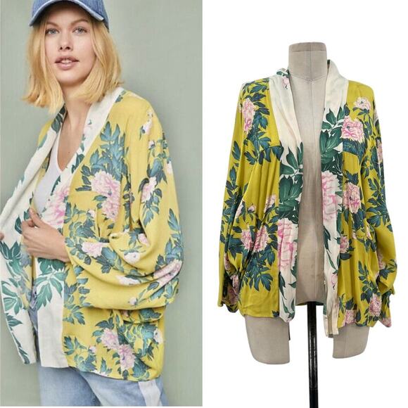 Anthropologie Elma Kimono Top Open Front Rose Floral Print Yellow One Size - Picture 1 of 13